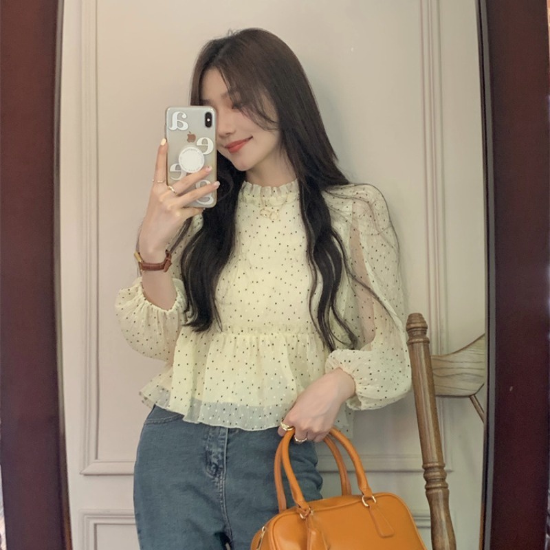 Áo sơ mi voan chấm bi nữ mùa xuân và mùa thu năm 2021