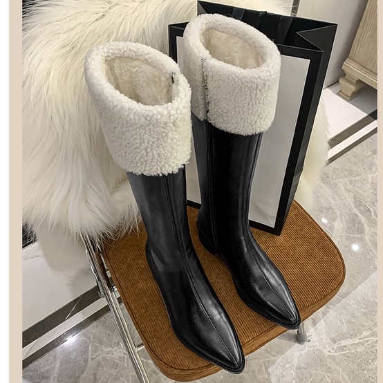 Boot Đùi Lông Cừu Ulzzang Mũi Nhọn Siêu Hot Cho Nữ