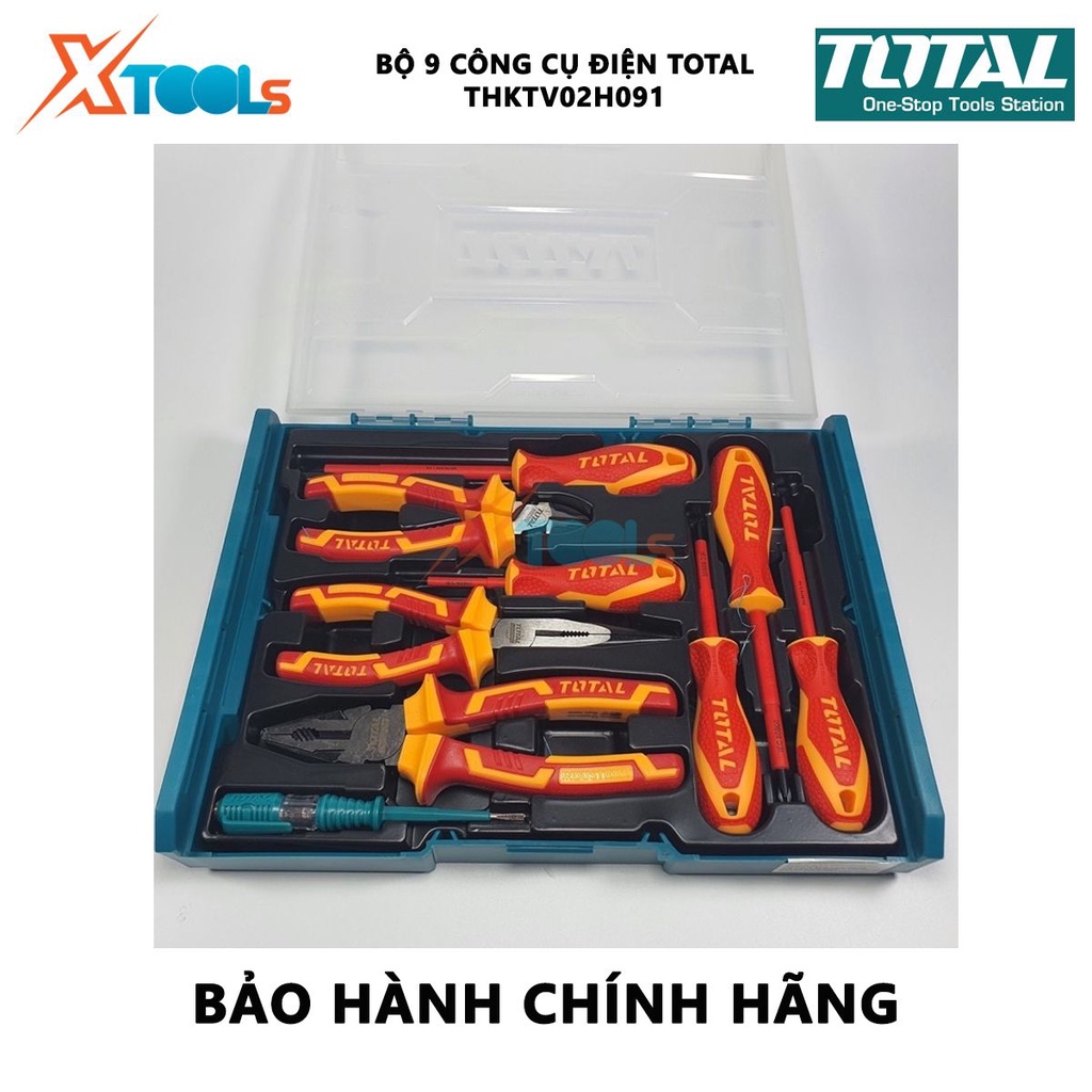 Bộ 9 công cụ cầm tay cách diện TOTAL THKTV02H091 bộ đồ nghề cách điện bao gồm kềm răng, 2 kềm cắt, 5 tua vít, 1 bút thử