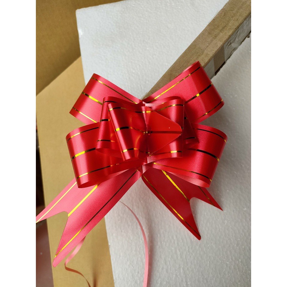 Nơ rút bản to 4,5cm trang trí giỏ quà oản tết đỏ sọc vàng