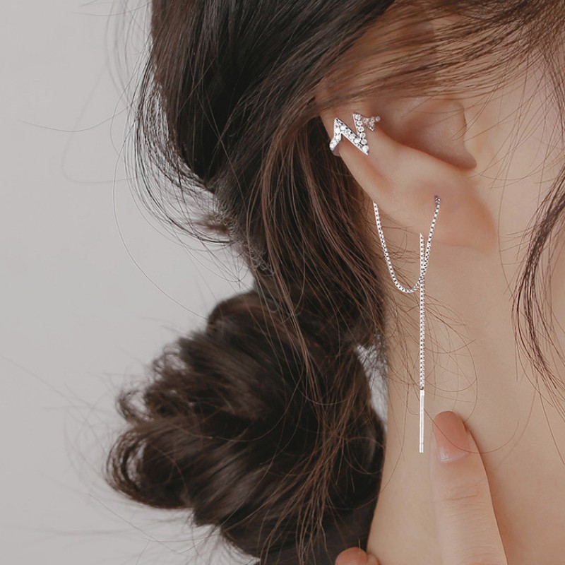 Bông Tai Bạc S925 Ear Cuff Kẹp Vành Nhịp Tim Sợi Thả Trẻ Trung Cá Tính | Khuyên Tai Nữ Trang Sức Bạc Thời Trang