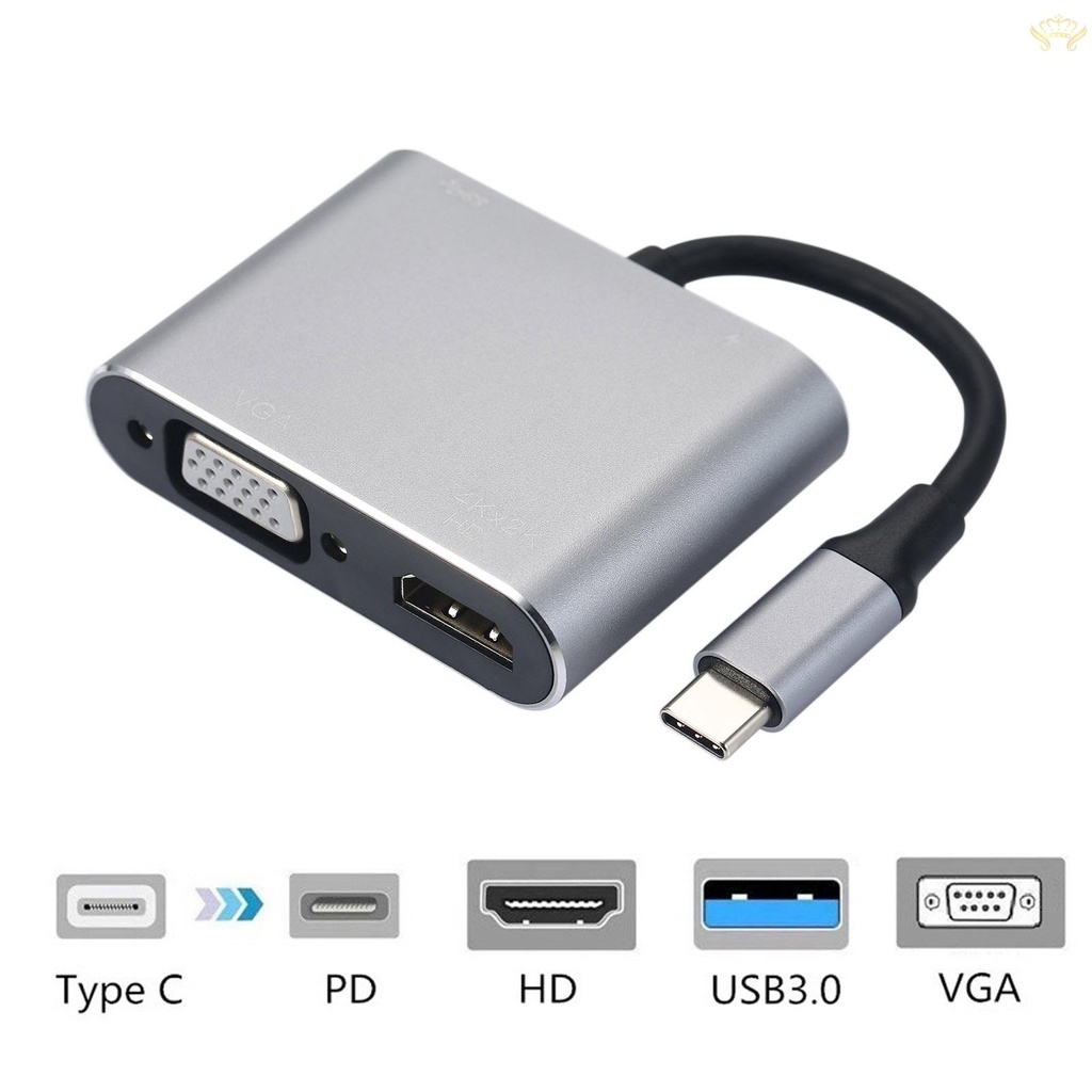 New  4-IN-1 Hub Type-C to HD VGA Adapter USB Type-C Multiport Converter Splitter with 4K HD Output USB3.0 PD Charging Port Compatible with Macbook Pro 2020 Chromebook Surface Go