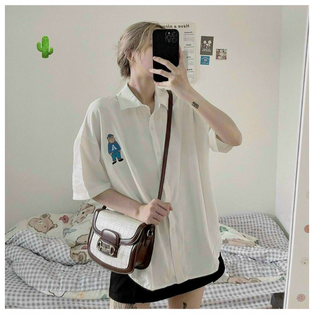 Áo sơ mi form tay lỡ rộng in hình người chữ A cực xinh , chất kate lụa mềm mát