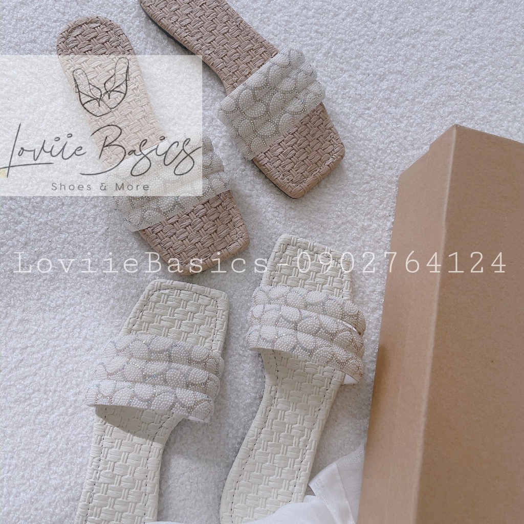 DÉP NỮ LOVIIE BASICS - DÉP BỆT THỜI TRANG QUAI NGANG BẢN TO ĐÍNH ĐÁ ĐẾ THẤP NỮ TÍNH D220702