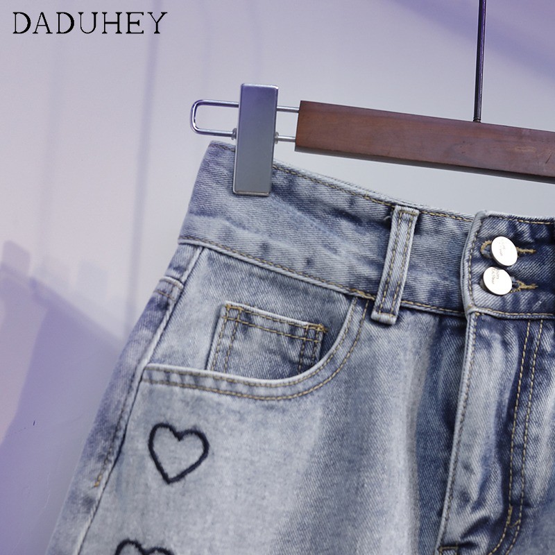Chân váy jean Lưng Cao Dáng Chữ A Thêu Họa Tiết Trái Tim Xinh Xắn Thời Trang Mùa Hè Cho Nữ