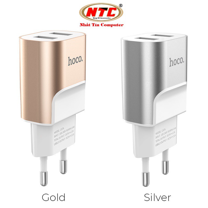 Cốc sạc 2 cổng Hoco C47A Metal chân tròn (MAX 5V-2.1A) - Hàng chính hãng