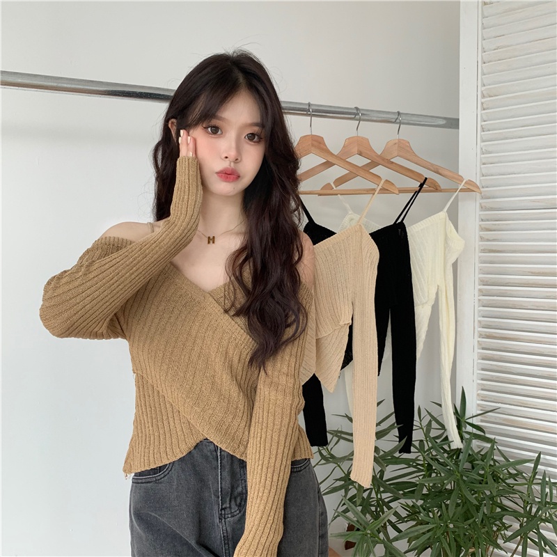 QKOOLE  Áo dệt kim tay dài cổ chữ V phong cách Hàn Quốc cho nữ