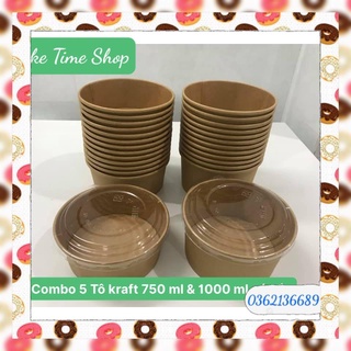 Combo 5 Bát Giấy Kraft 750 ml - 1000 ml Đựng Thực Phẩm (kèm nắp) - CakeTime