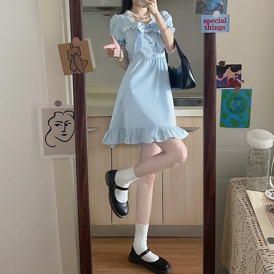 Đầm cổ vuông chữ a tay ngắn thiết kế nơ ngọt ngào màu xanh lam Váy viền bèo dáng rộng phong cách hàn quốc cho nữ