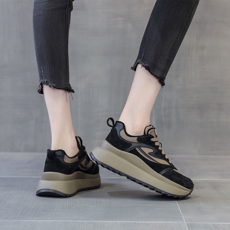 Giày thể thao nữ  màu đen nâu chất liệu da độn đế cao 5 cm sneaker ulzzang hàn quốc đi học đi chơi đi làm đẹp 2022