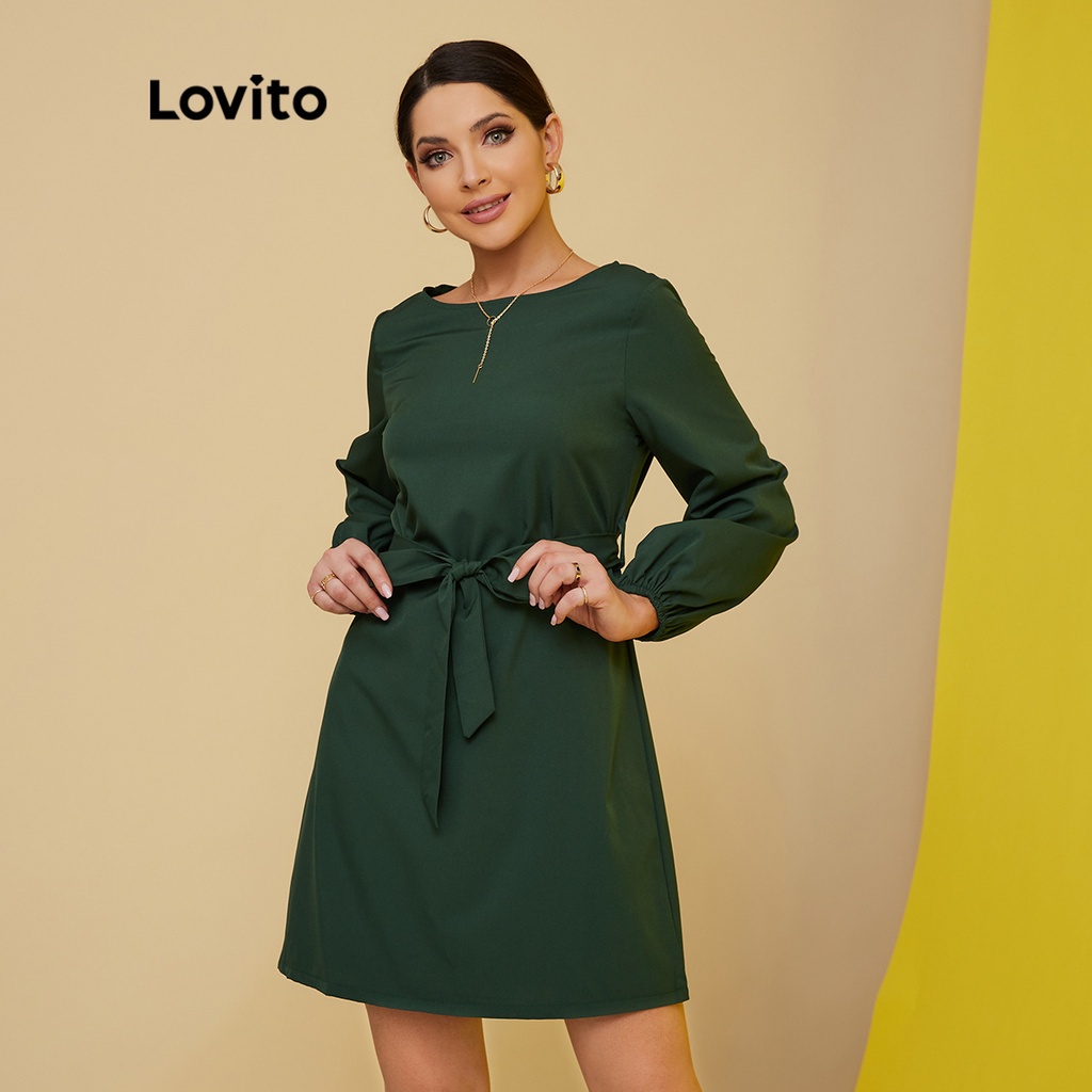 Đầm Lovito tay phồng dây rút sau lưng màu trơn phong cách cơ bản thanh lịch L17X130 (Xanh lá đậm)