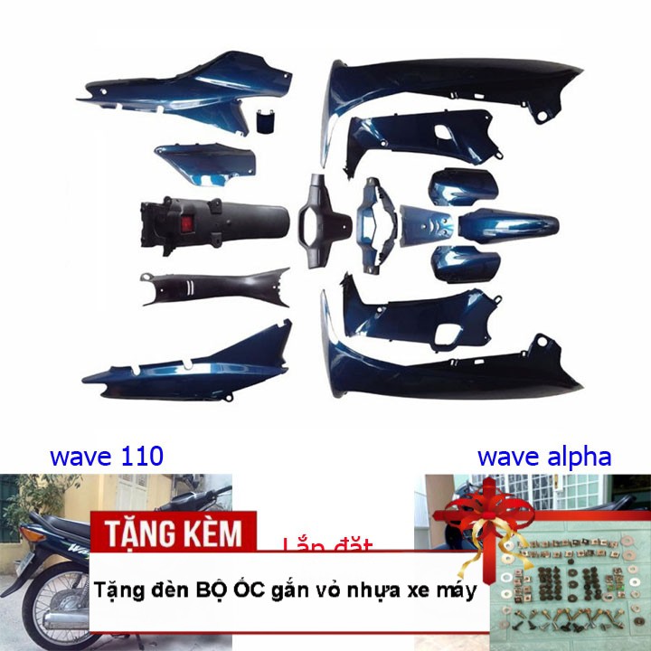 Bộ dàn áo xe WAVE alpha - Wave zx - wave 110 đời 2002-2006, nhựa nguyên sinh ABS màu XANH NHỚT, tặng bộ ốc theo xe