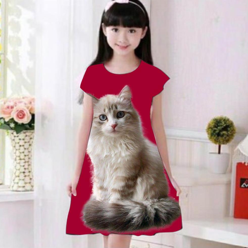 (C-AHW > (☎Đầm In Hình Mèo 3D Lưng Thật Cho Bé Gái 2-9 Tuổi