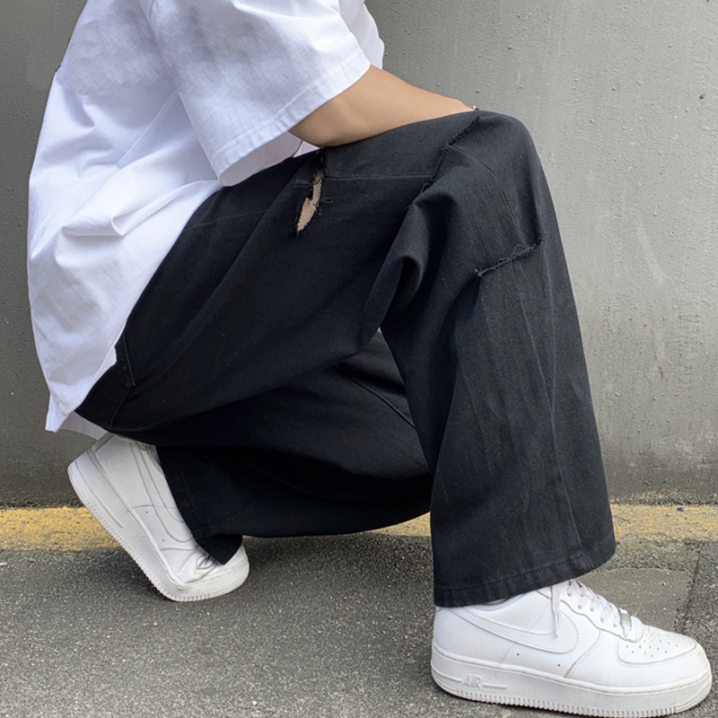 Quần kaki baggy nam nữ đen trắng đẹp rách khúc siêu ngầu Unisex phong cách Hàn Quốc QKK005