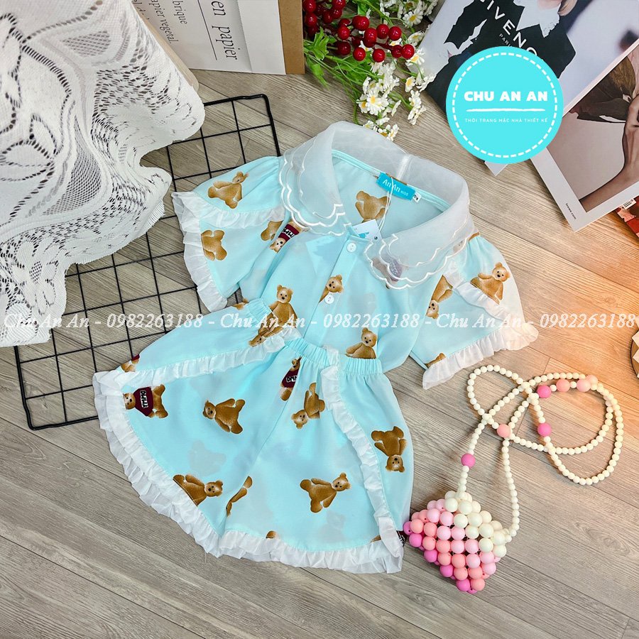 Set Pijama Lụa Mango Phối Cổ Ba Lá Hàng Thiết Kế Cao Cấp Tay Cộc .Bộ Ngủ Lụa Bé Gái Cao Cấp