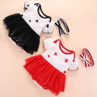 Váy body sơ sinh dài tay bé gái họa tiết sao kèm tuban size 0-12 tháng SS10