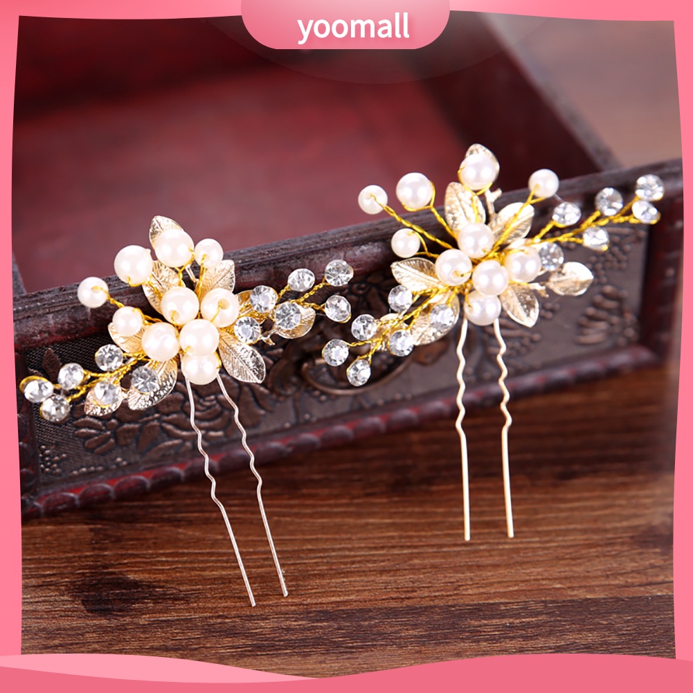 Trâm cài tóc cô dâu hình lá phối ngọc trai nhân tạo thời trang