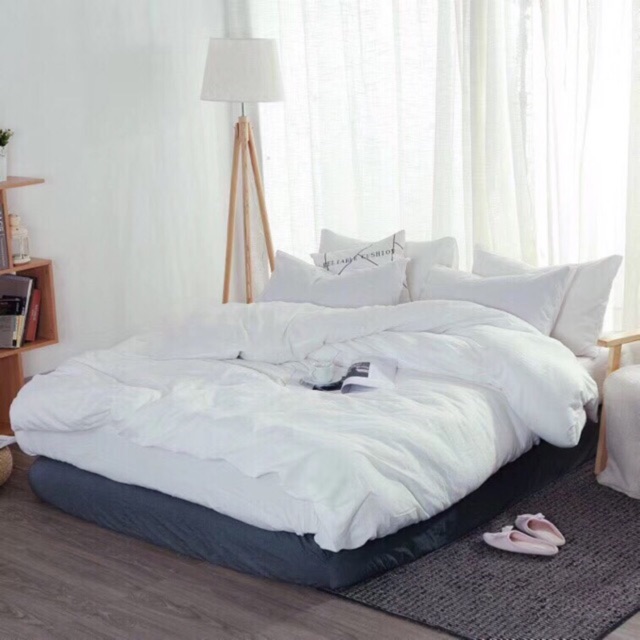 Bộ Chăn Ga Gối Đũi Trắng Trơn Chăn Chần Bông