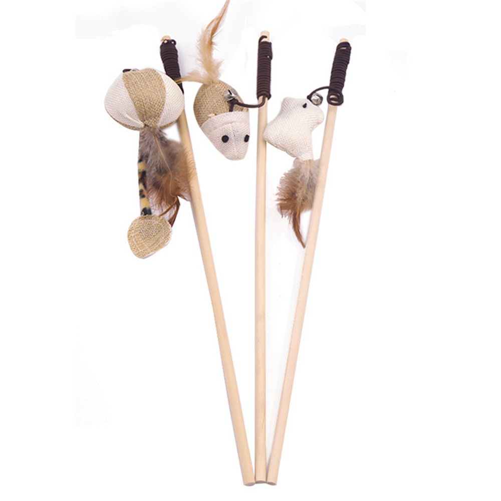 MIOSHOP Mini Pet Cat Teaser Toys Rod Mouse Toy Cat Catcher Teaser Wooden Stick With Mini Bell Wood Feather Cartoon Cat Interactive Toys