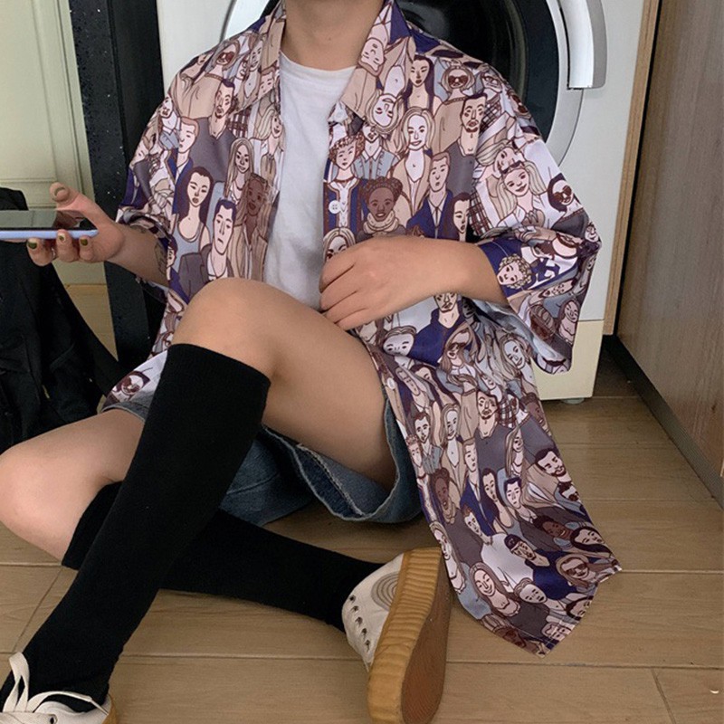 Áo sơ mi tay ngắn hoạ tiết in phong cách retro