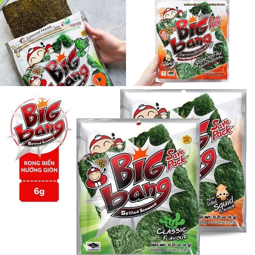 Snack rong biển sấy khô Bigbang 2 vị truyền thống và mực ngon giòn giàu dinh dưỡng nhãn hiệu đến từ Thái Lan Angola