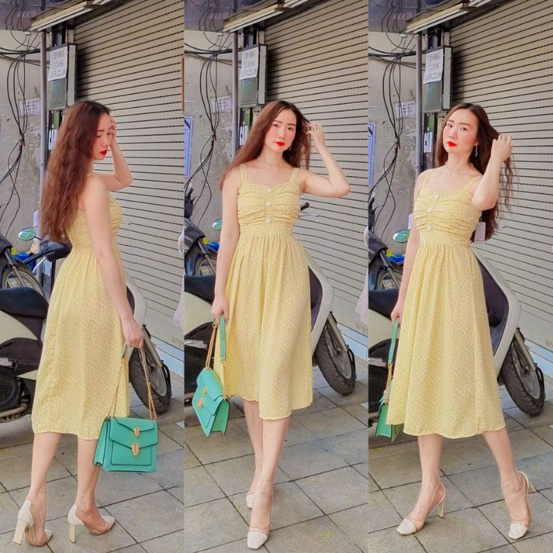 📣🌴Váy hoa 2 dây ngực nhún lưng chỉ chun baby xinh xắn❤Là hàng Quảng Châu loại 1, may kỹ👍Ảnh thật❤ Mẫu ảnh là chủ shop❤