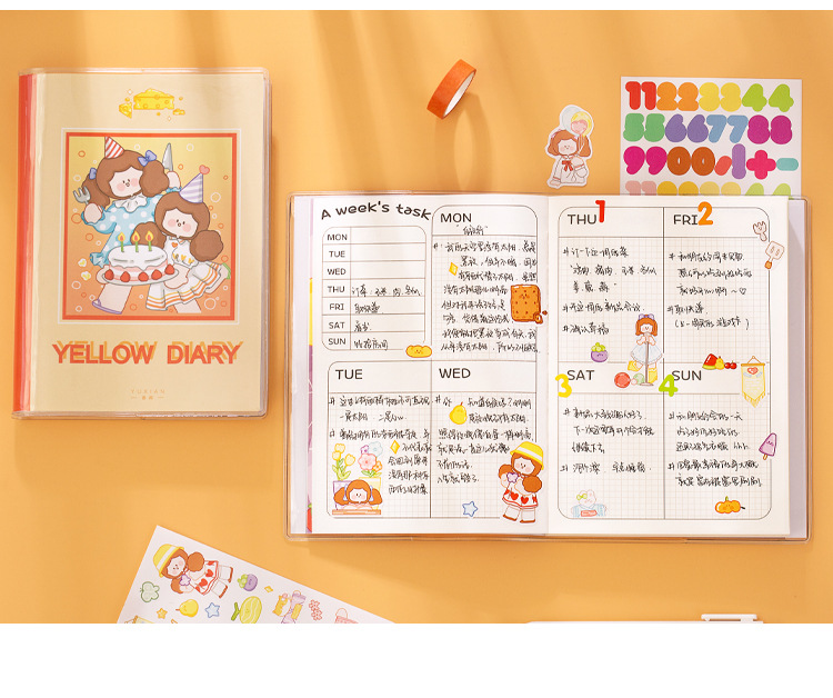 (1 Notebook) + (4 Stickers) Hand-painted Cartoon Student Diary Planning Handbook Notepad