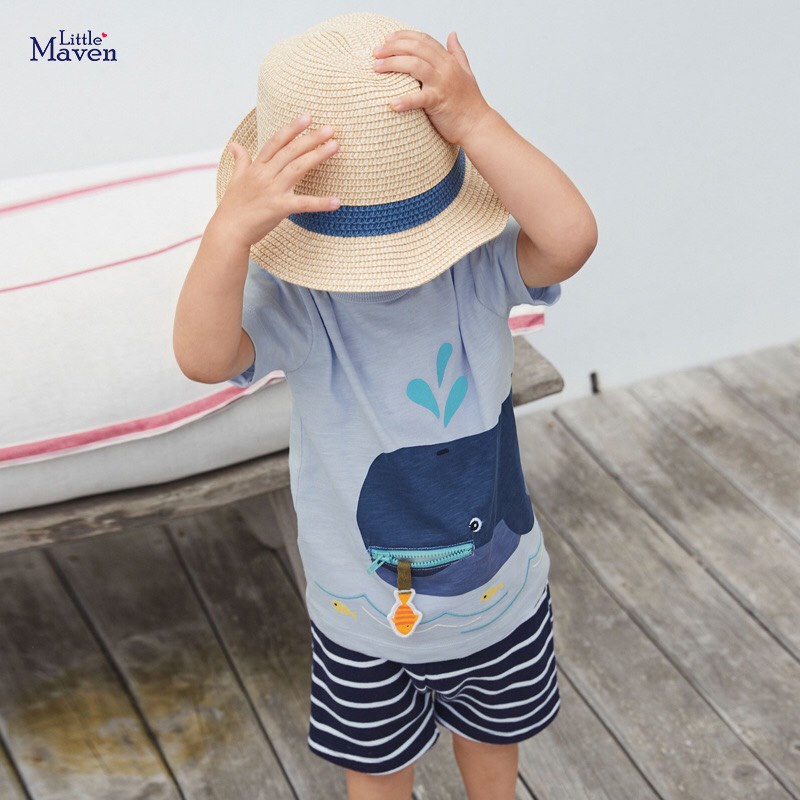 Đồ bộ quần áo cộc tay cho bé 2-7 tuổi , bộ thun cotton hàng chính hãng Little maven, hình khủng long, cá mập..