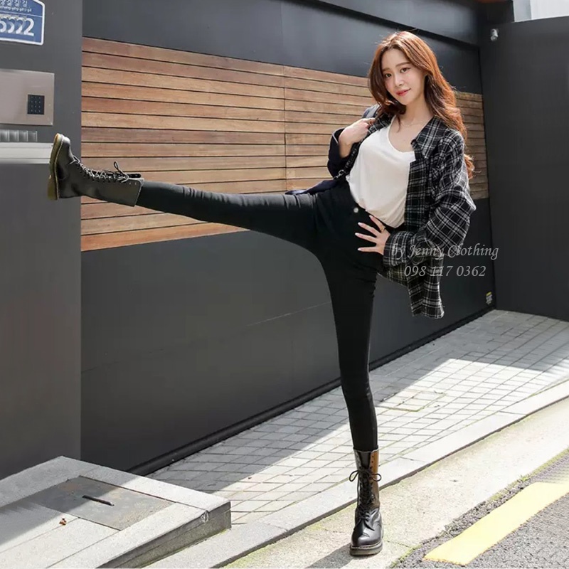 Quần legging nữ cạp cao dài 1 khuy gen bụng nâng mông chất Umi Hàn Cao Cấp co dãn màu đen có túi mặc đi làm học đẹp