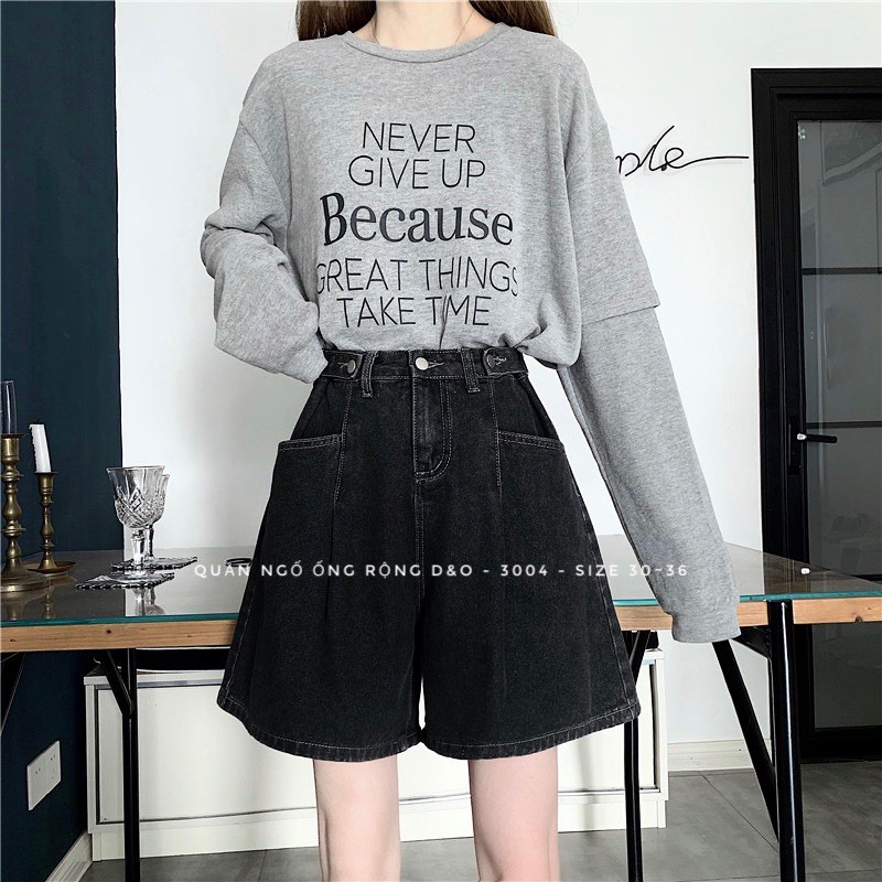 Quần Short Jean Ngố Ống Rộng BIGSIZE, Quần Ngố Lưng Cao, Quần Suông Lửng Không Giãn Xám