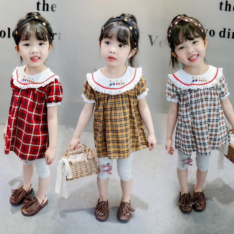 Set đầm ngắn tay cổ tròn ca rô + quần lửng đáng yêu cho bé gái