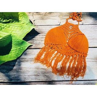 Áo yếm len móc cam mặc đi biển đẹp