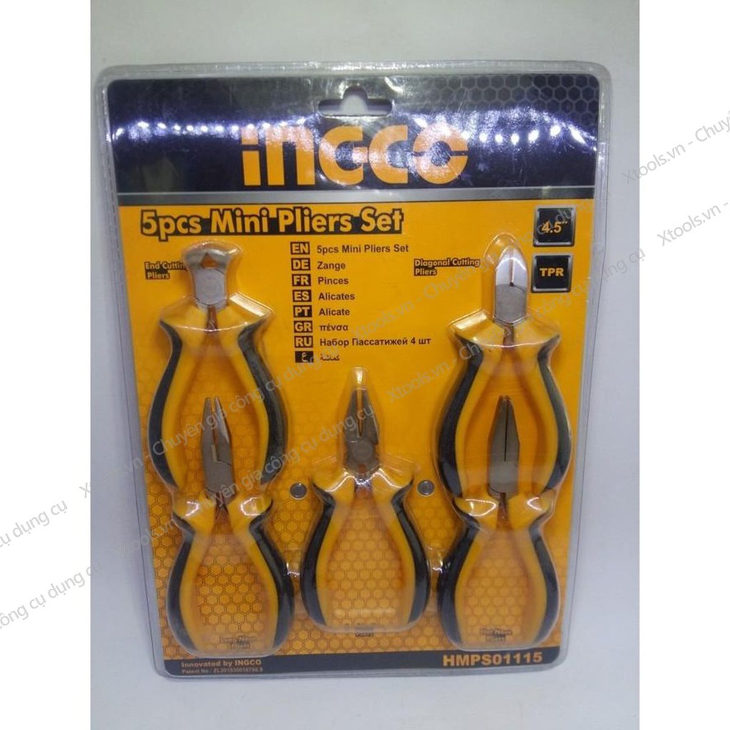 Bộ 5 kìm mini đa năng cách điện INGCO HMPS01115 kềm cắt kẹp tuốt cắt đứt dây điện cáp thép Cr-V siêu cứng bền