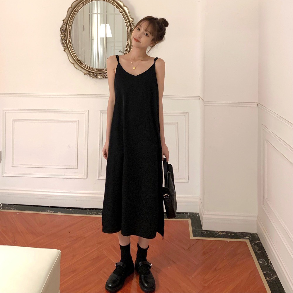 Váy đầm dáng dài vintage 2 dây suông VH902, mẫu váy 2 dây qua gối mặc trong áo sơ mi hoặc mặc đi chơi đi biển