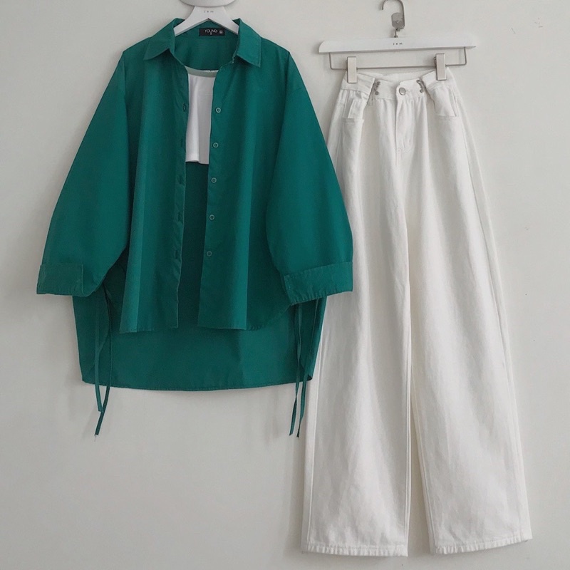Áo Sơ Mi Nữ Đuôi Tôm Xẻ Vạt Màu Xanh-Áo Sơ Mi Nữ Form Rộng Thiết Kế Dây Buộc Bên Hông Lên Form Siêu Xinh