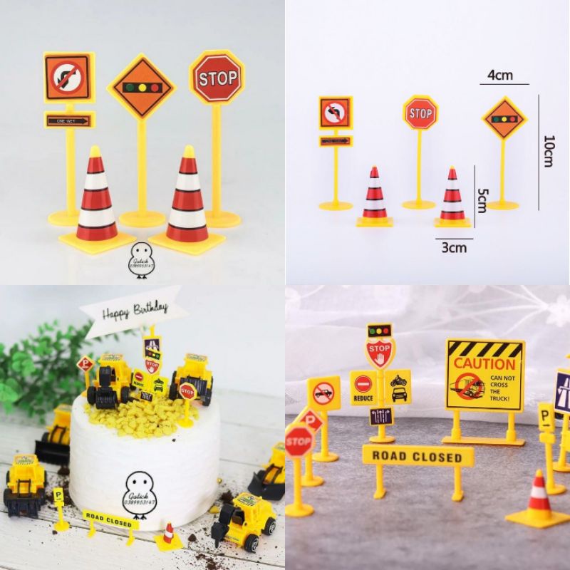 Bộ hình cắm biển báo giao thông công trường đang thi công dùng trang trí bánh kem