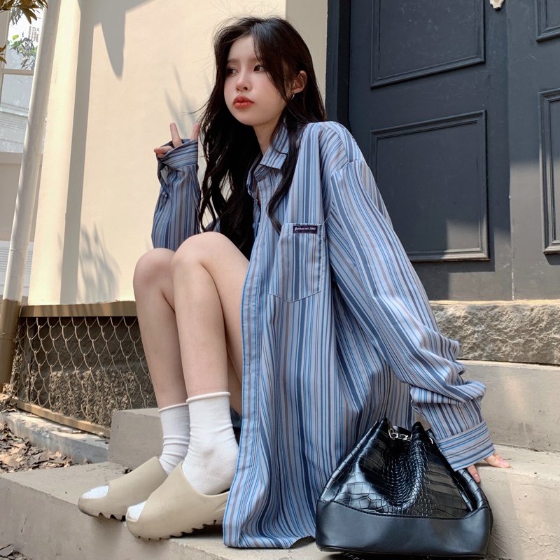 Áo sơ mi SUXI tay dài họa tiết kẻ sọc thời trang dành cho nữ