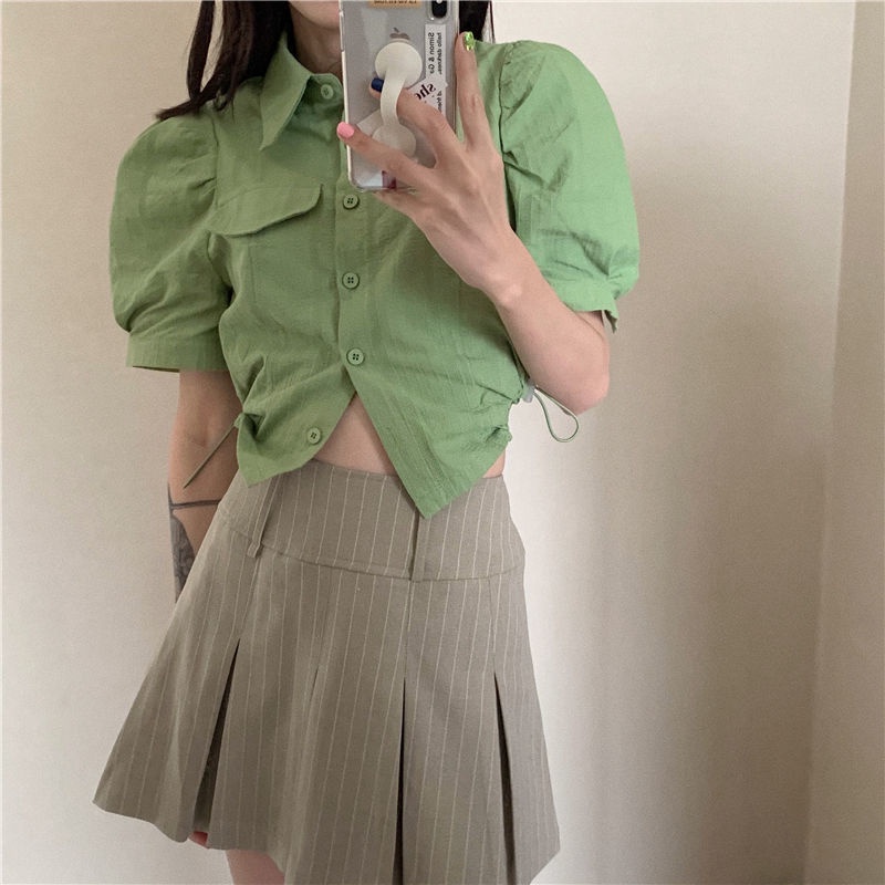 Áo Sơ Mi Ngắn Tay Phối Dây Rút Thiết Kế Đơn Giản Sáng Tạo Thời Trang Hàn Quốc