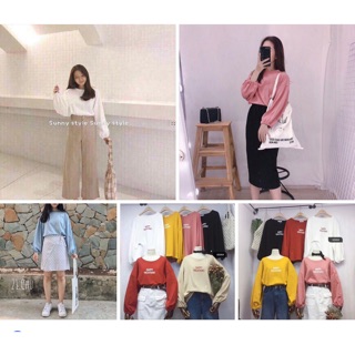 Áo phông tay bồng màu hồng và áo len nam