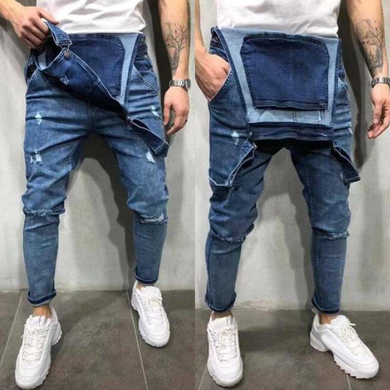 Quần yếm denim phối rách cá tính cho nam