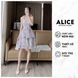 Váy hai dây tiểu thư thắt nơ alice chất tơ óng thoáng mát thiết kế 3 tầng họa tiết hoa v814