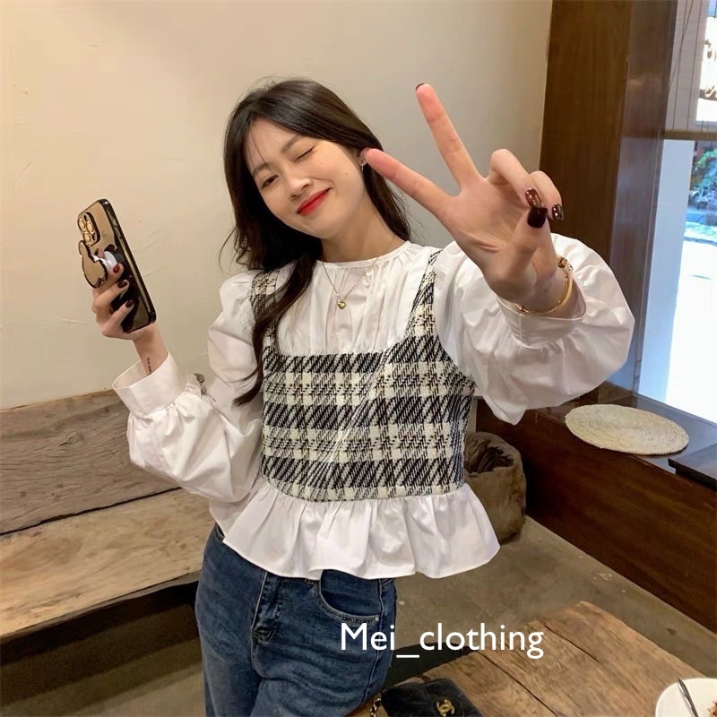 Áo Sơmi Kiểu Nữ Bánh Bèo Phối Hoạ Tiết Caro Ulzzang A78