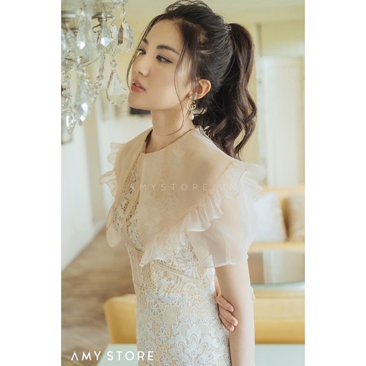 Đầm ren phối organza chữ A form dài qua gối tay ngắn