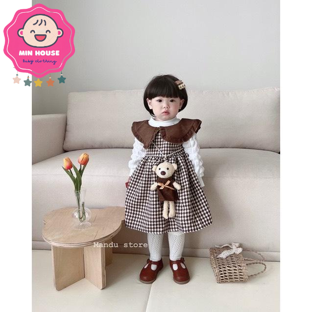 Set váy dạ phối áo nỉ mềm tay xốp kèm túi gấu cho bé gái