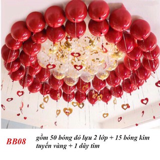 Set bóng đỏ lựu, bóng siêu nhũ Crom kèm dây trái tim