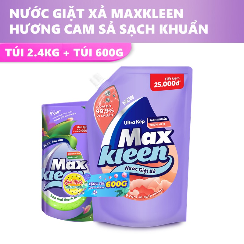 Combo Túi nước giặt xả MaxKleen 2.4kg/2.2kg + Túi nước lau sàn MaxKleen 600g ban mai thanh mát, vườn hoa thanh khiết