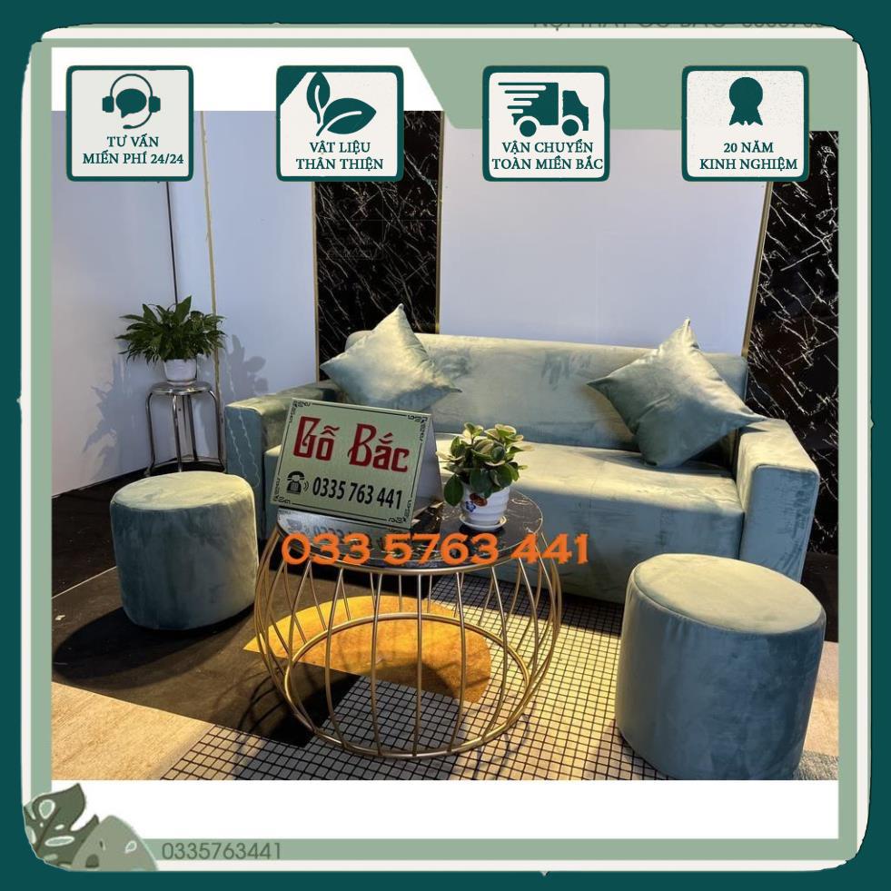 GIÁ GỐC - Chọn bộ ghế sofa khung gỗ tự nhiên bọc nỉ nhung màu sắc tùy chọn, có kèm bàn trà trắng tròn chân gỗ