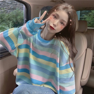Áo sweater tay dài dáng rộng họa tiết kẻ sọc cầu vồng mẫu 2021 thời trang mùa thu