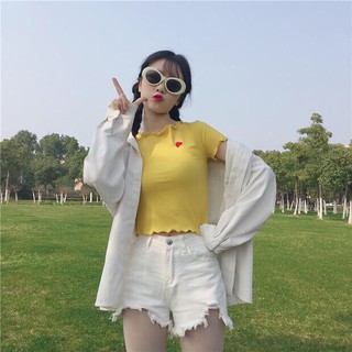 Áo Thun Gân Croptop In Hình Trái Tim Nhỏ Cực Xinh TTS0334