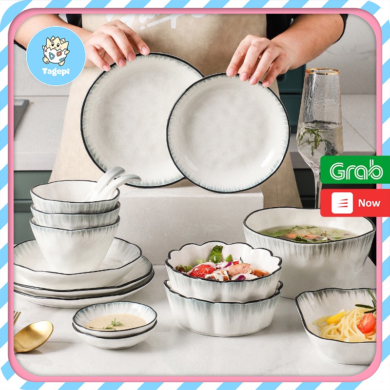 Bát đĩa sứ TAGEPI BB15 chất men cao cấp trắng đen viền mưa, chén đĩa tô sứ sang trọng siêu dày dặn